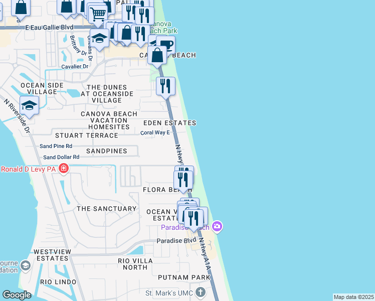 map of restaurants, bars, coffee shops, grocery stores, and more near 2727 North Highway A1A in Indialantic