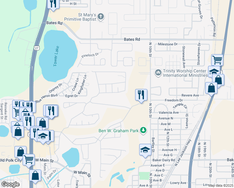 map of restaurants, bars, coffee shops, grocery stores, and more near 2761 Kokomo Loop in Haines City