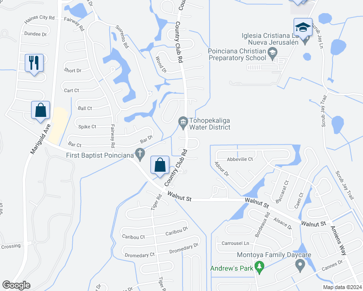 map of restaurants, bars, coffee shops, grocery stores, and more near 603 Bogie Way in Kissimmee