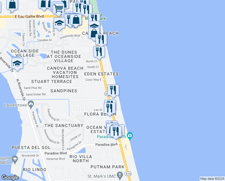 map of restaurants, bars, coffee shops, grocery stores, and more near 2725 North Highway A1A in Indialantic