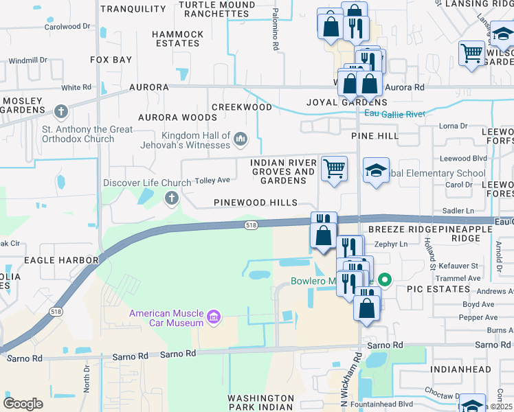map of restaurants, bars, coffee shops, grocery stores, and more near 1838 Pinewood Road in Melbourne