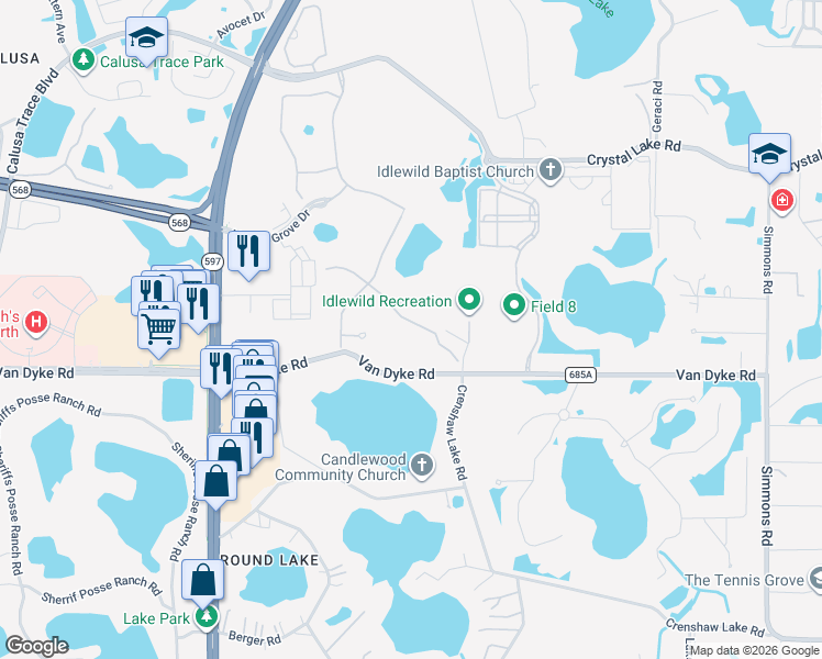 map of restaurants, bars, coffee shops, grocery stores, and more near 3526 Wicket Field Road in Lutz
