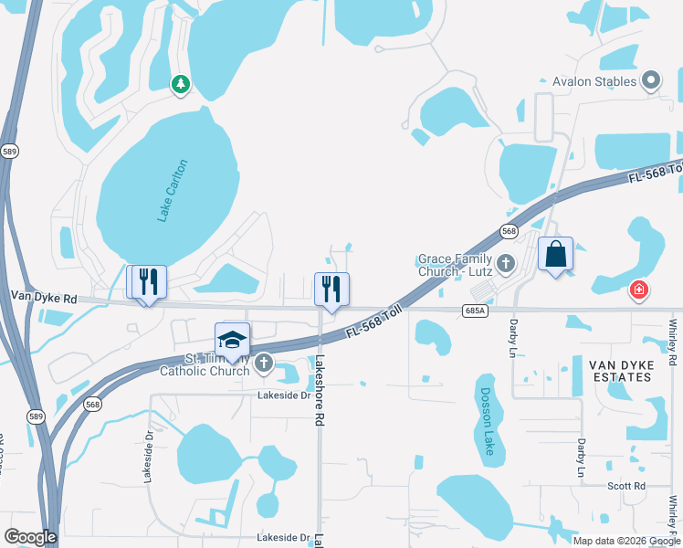 map of restaurants, bars, coffee shops, grocery stores, and more near 17838 Althea Blue Place in Lutz