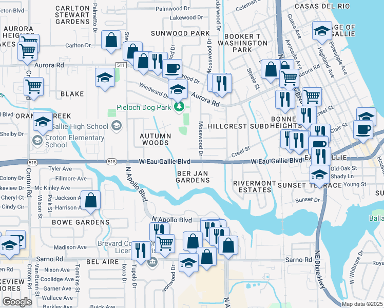 map of restaurants, bars, coffee shops, grocery stores, and more near 1310 West Eau Gallie Boulevard in Melbourne