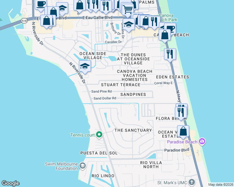 map of restaurants, bars, coffee shops, grocery stores, and more near 223 Sand Pine Road in Indialantic