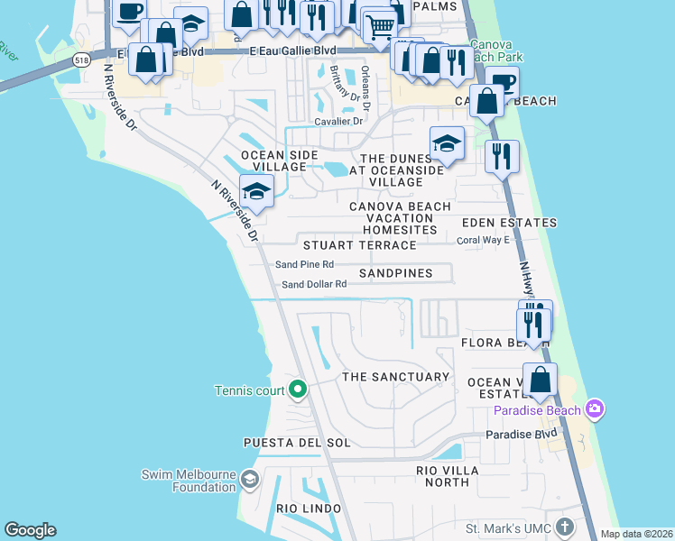 map of restaurants, bars, coffee shops, grocery stores, and more near 223 Sand Pine Road in Indialantic