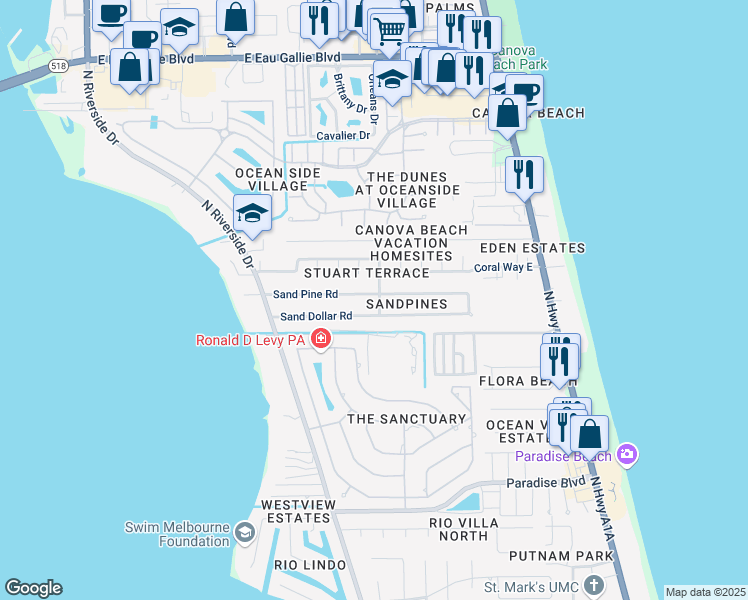 map of restaurants, bars, coffee shops, grocery stores, and more near 203 Sand Pine Road in Indialantic