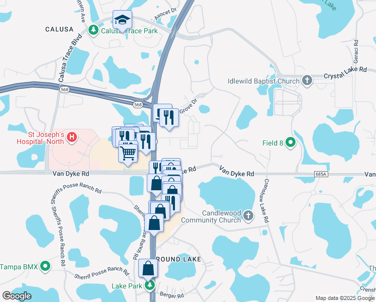 map of restaurants, bars, coffee shops, grocery stores, and more near 3850 Arcade Trail in Lutz