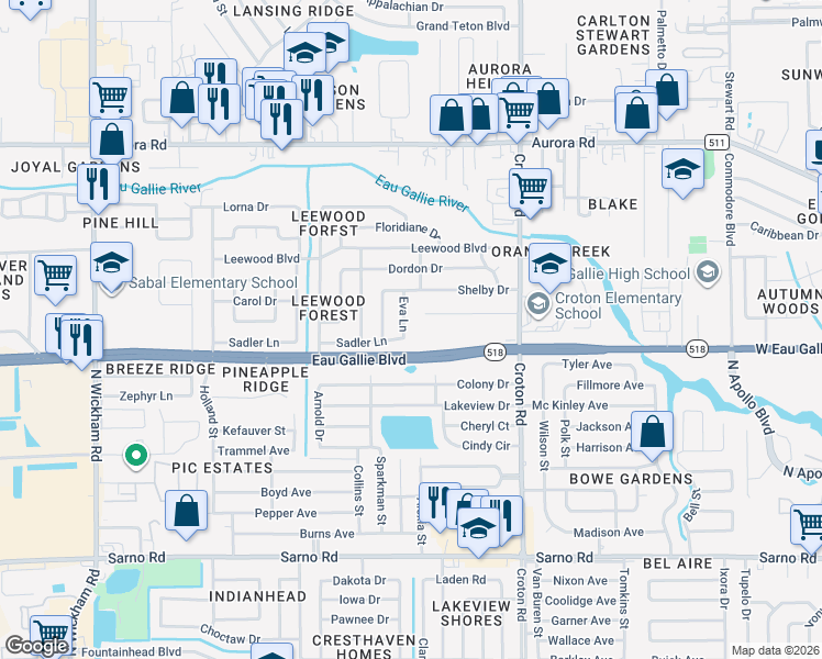 map of restaurants, bars, coffee shops, grocery stores, and more near 1385 Eva Lane in Melbourne