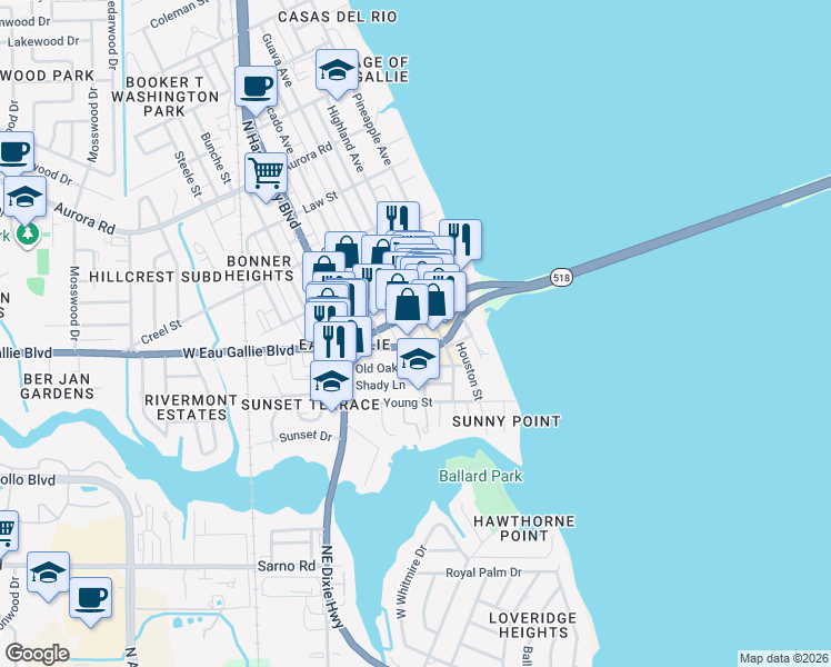 map of restaurants, bars, coffee shops, grocery stores, and more near 1401 Guava Avenue in Melbourne