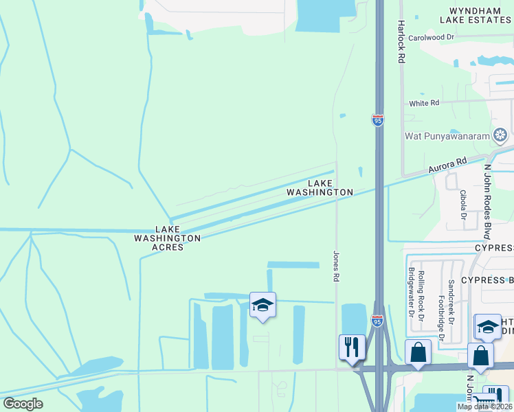 map of restaurants, bars, coffee shops, grocery stores, and more near 5185 Evinrude Road in Melbourne