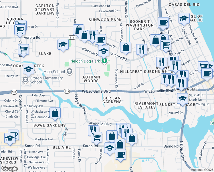 map of restaurants, bars, coffee shops, grocery stores, and more near 1310 West Eau Gallie Boulevard in Melbourne