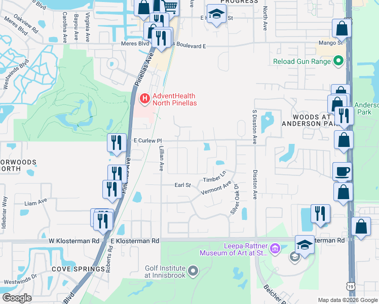 map of restaurants, bars, coffee shops, grocery stores, and more near 1653 Oak Spring Drive in Tarpon Springs