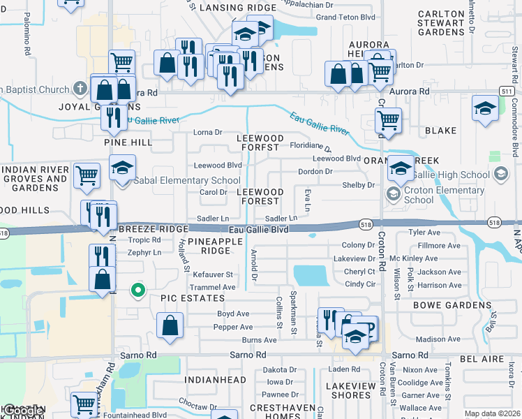 map of restaurants, bars, coffee shops, grocery stores, and more near 1393 Stanley Drive in Melbourne