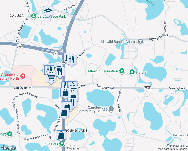 map of restaurants, bars, coffee shops, grocery stores, and more near 17909 Woodland View Drive in Lutz