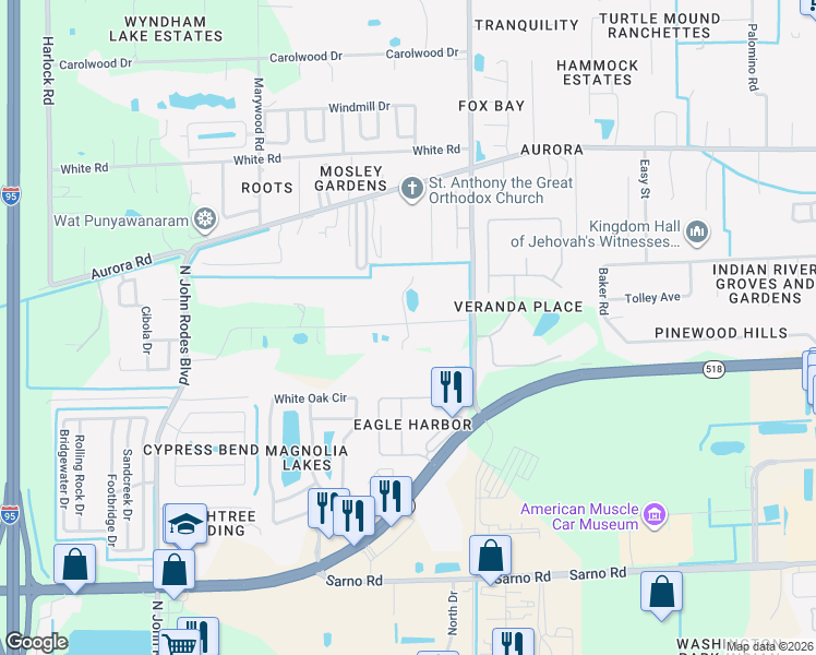 map of restaurants, bars, coffee shops, grocery stores, and more near 4001 Pinewood Road in Melbourne