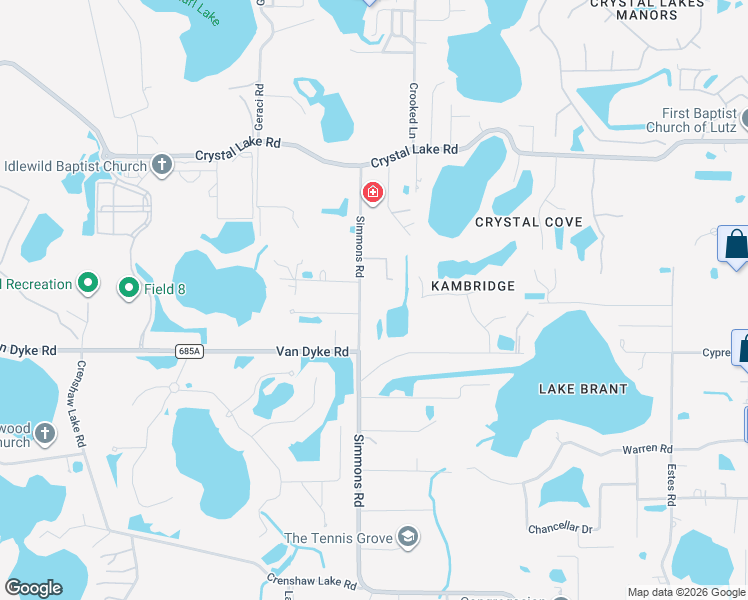 map of restaurants, bars, coffee shops, grocery stores, and more near 17803 Simmons Road in Lutz