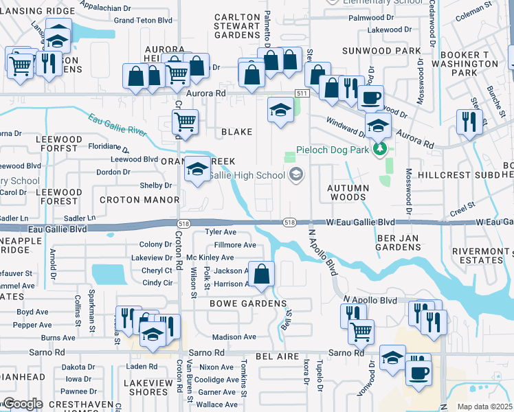 map of restaurants, bars, coffee shops, grocery stores, and more near 1375 Isabella Drive in Melbourne