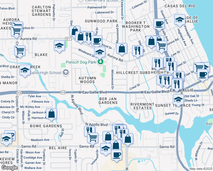 map of restaurants, bars, coffee shops, grocery stores, and more near 1310 West Eau Gallie Boulevard in Melbourne