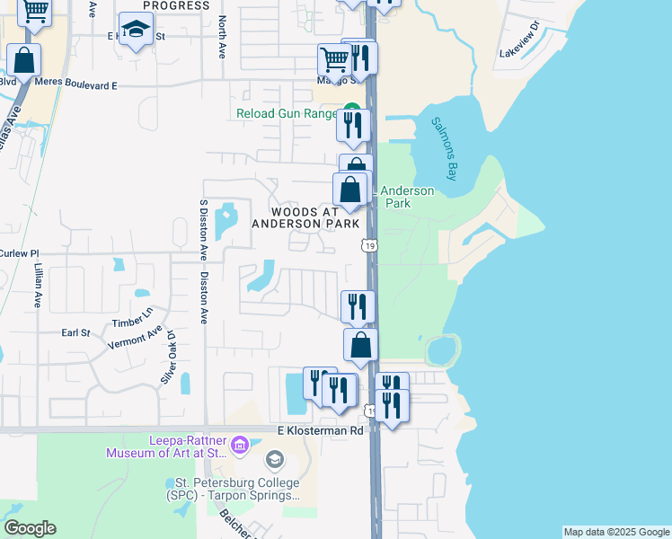 map of restaurants, bars, coffee shops, grocery stores, and more near 39334 US Highway 19 North in Tarpon Springs