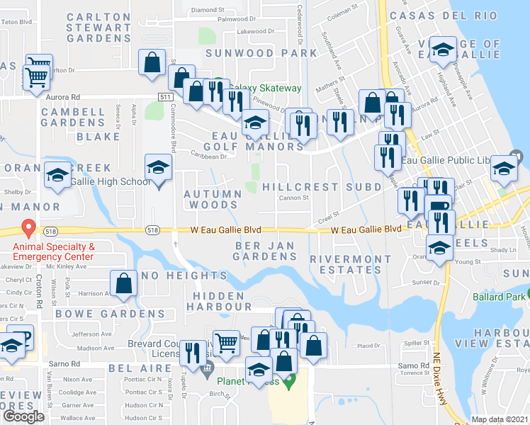 map of restaurants, bars, coffee shops, grocery stores, and more near 1310 West Eau Gallie Boulevard in Melbourne