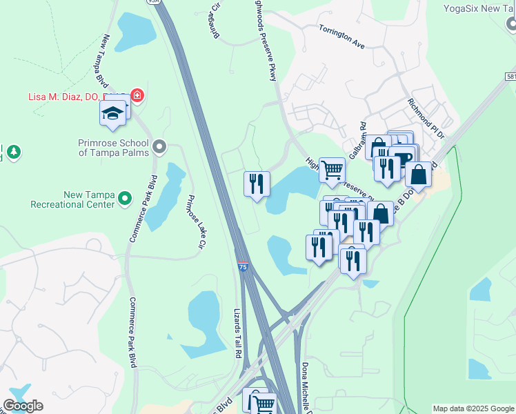 map of restaurants, bars, coffee shops, grocery stores, and more near 18210 Crane Nest Drive in Tampa