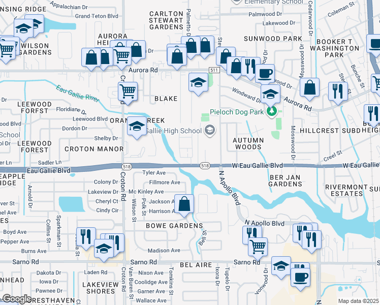 map of restaurants, bars, coffee shops, grocery stores, and more near 1475 Isabella Drive in Melbourne