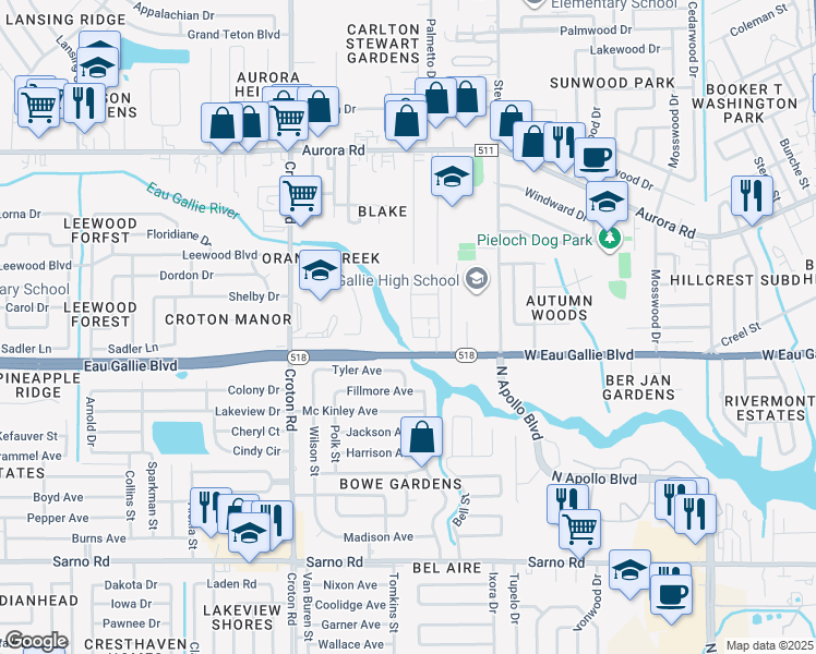 map of restaurants, bars, coffee shops, grocery stores, and more near 1390 Isabella Drive in Melbourne