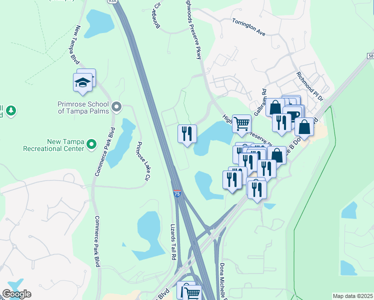 map of restaurants, bars, coffee shops, grocery stores, and more near 18212 Crane Nest Drive in Tampa