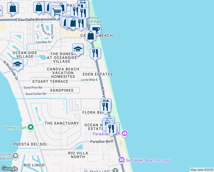 map of restaurants, bars, coffee shops, grocery stores, and more near 2727 North Highway A1A in Indialantic