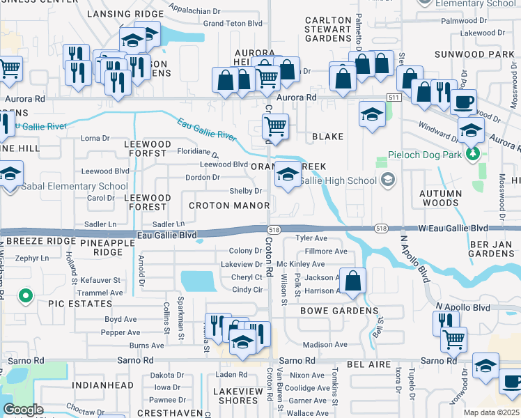 map of restaurants, bars, coffee shops, grocery stores, and more near 2020 West Eau Gallie Boulevard in Melbourne