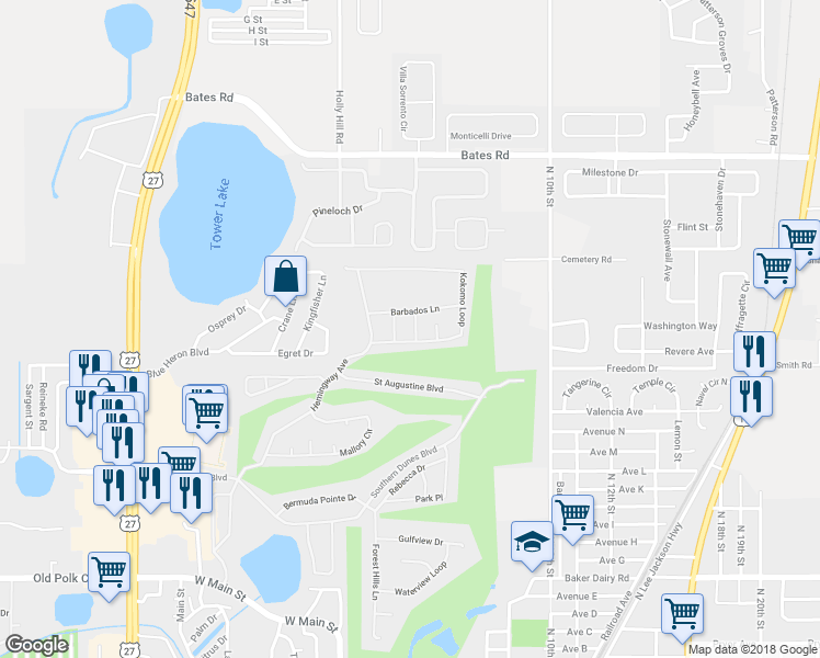 map of restaurants, bars, coffee shops, grocery stores, and more near 3116 Montserrat Way in Haines City