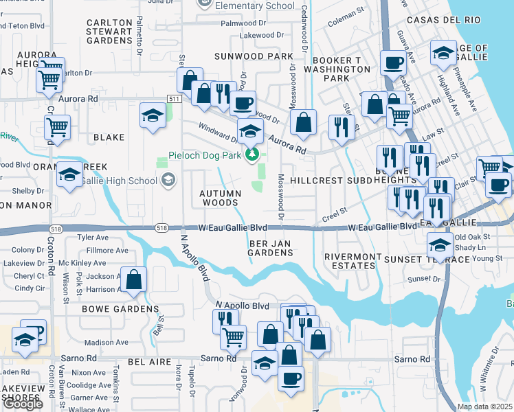 map of restaurants, bars, coffee shops, grocery stores, and more near 1310 West Eau Gallie Boulevard in Melbourne