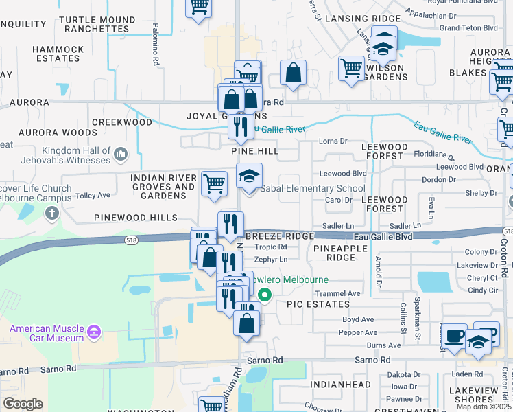 map of restaurants, bars, coffee shops, grocery stores, and more near 1401 North Wickham Road in Melbourne