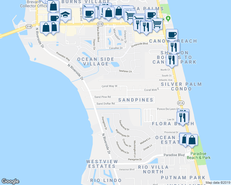map of restaurants, bars, coffee shops, grocery stores, and more near 116 Uranus Court in Indialantic