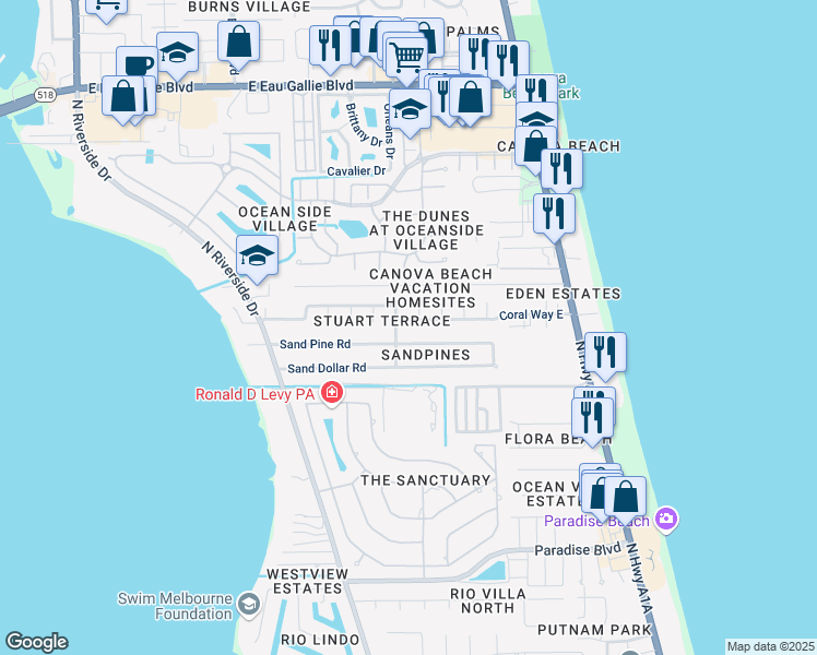 map of restaurants, bars, coffee shops, grocery stores, and more near 203 Sand Pine Road in Indialantic