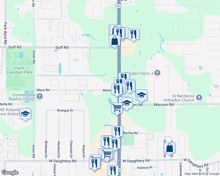 map of restaurants, bars, coffee shops, grocery stores, and more near 1323 Mann Road in Lakeland