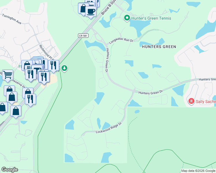 map of restaurants, bars, coffee shops, grocery stores, and more near 17825 Green Willow Drive in Tampa