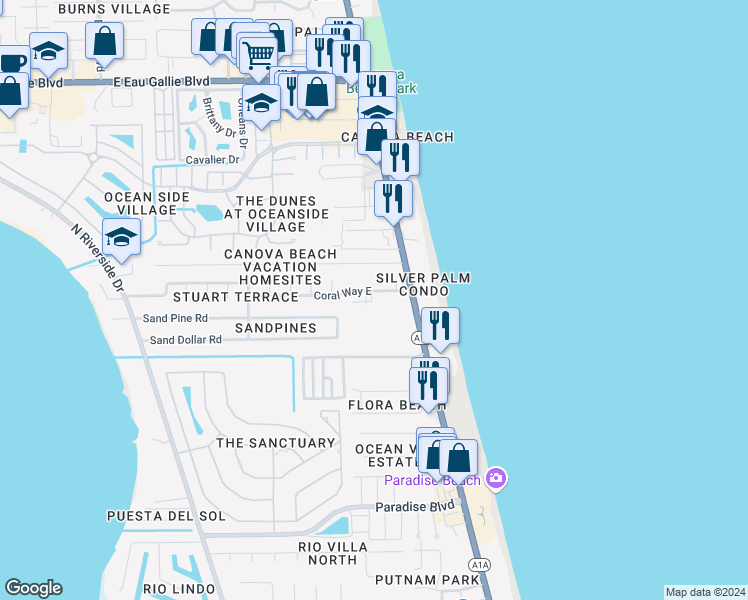 map of restaurants, bars, coffee shops, grocery stores, and more near 104 Coral Way East in Indialantic