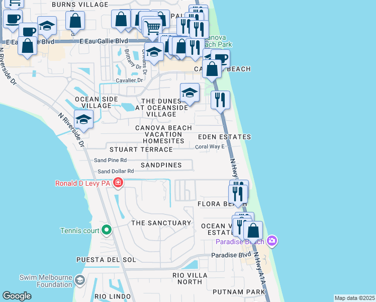 map of restaurants, bars, coffee shops, grocery stores, and more near 141 Coral Way East in Indialantic