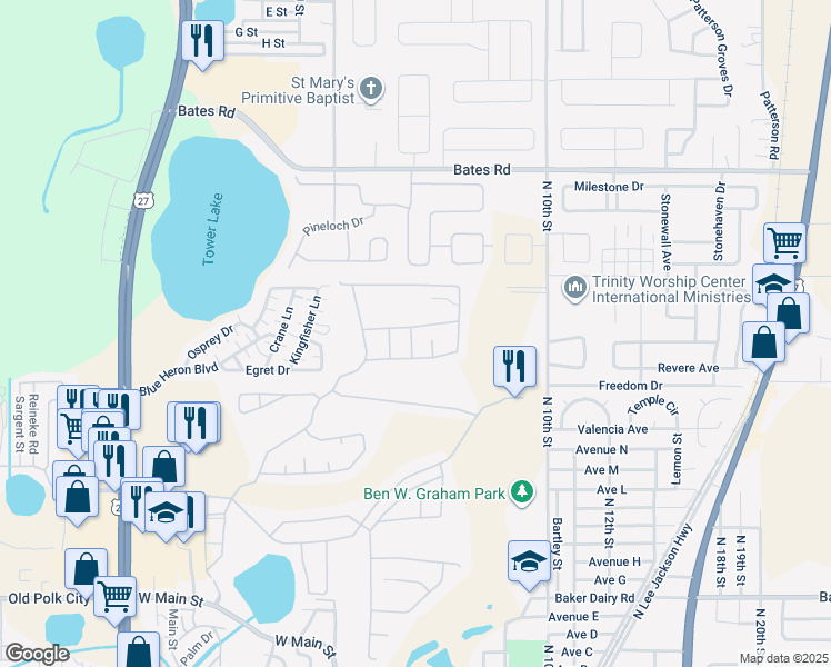 map of restaurants, bars, coffee shops, grocery stores, and more near 3058 Barbados Lane in Haines City