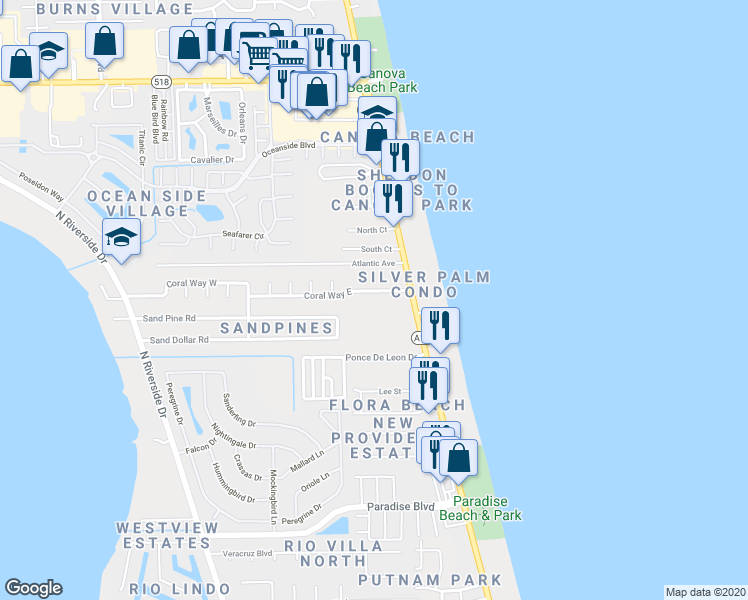 map of restaurants, bars, coffee shops, grocery stores, and more near 115 Coral Way East in Indialantic