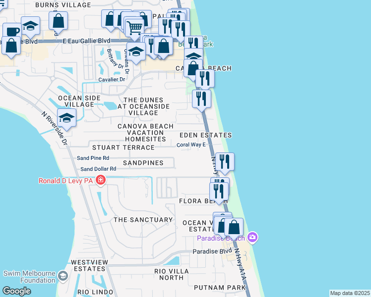 map of restaurants, bars, coffee shops, grocery stores, and more near 121 Coral Way East in Indialantic