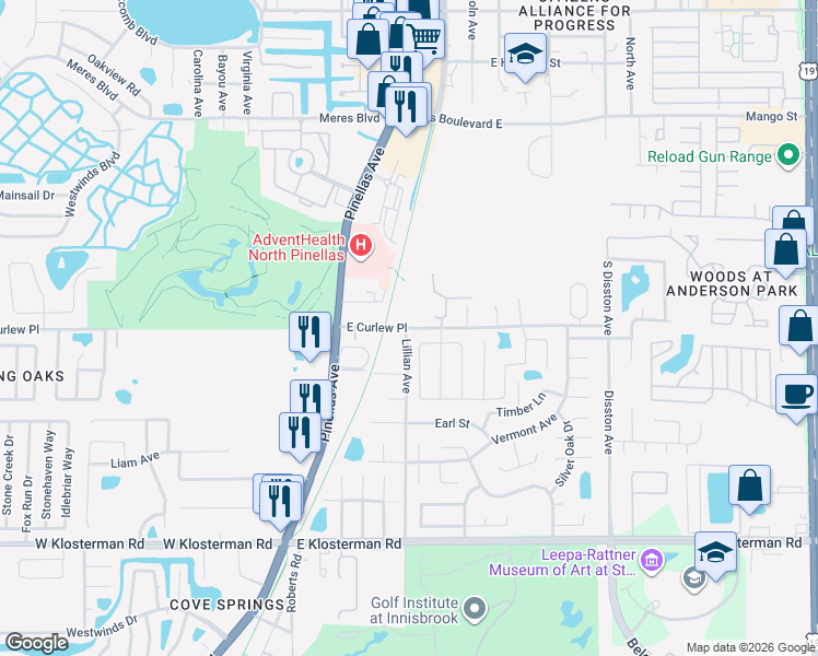 map of restaurants, bars, coffee shops, grocery stores, and more near 247 East Curlew Place in Tarpon Springs