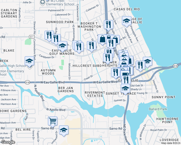 map of restaurants, bars, coffee shops, grocery stores, and more near 1486 Virginia Drive in Melbourne
