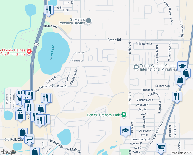 map of restaurants, bars, coffee shops, grocery stores, and more near 3134 Montserrat Way in Haines City