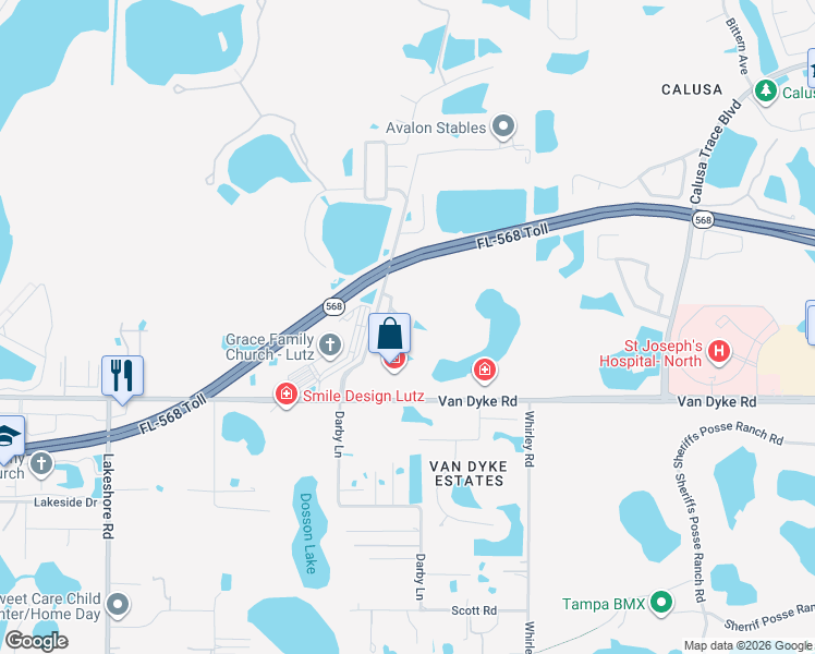 map of restaurants, bars, coffee shops, grocery stores, and more near 5016 Bridgeway Lane in Lutz