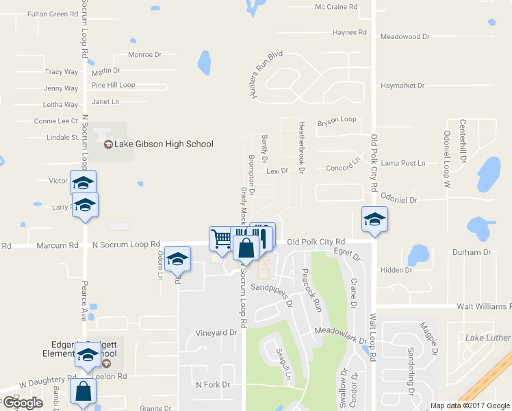 map of restaurants, bars, coffee shops, grocery stores, and more near 6821 Brompton Drive in Lakeland