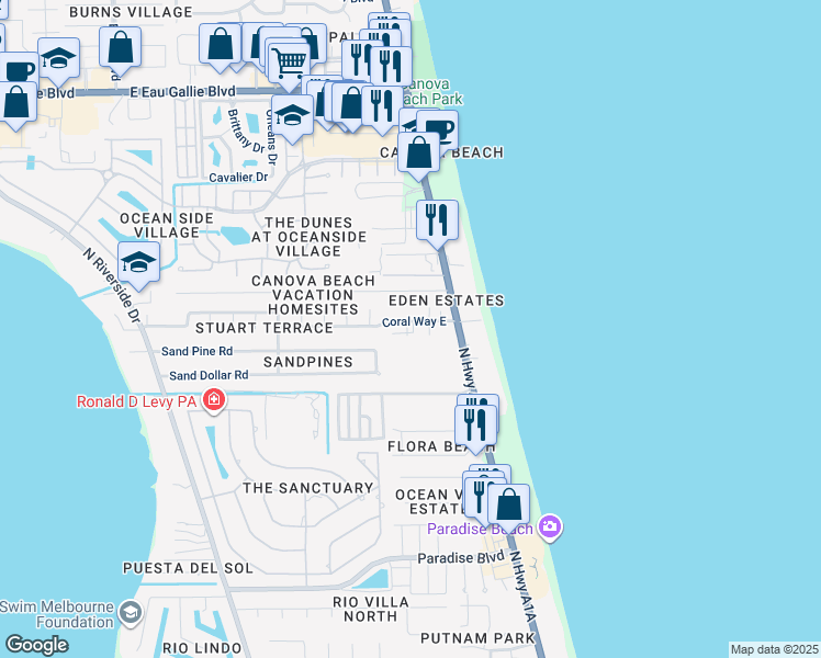 map of restaurants, bars, coffee shops, grocery stores, and more near 124 Coral Way East in Indialantic