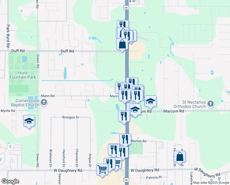 map of restaurants, bars, coffee shops, grocery stores, and more near 6914 US Highway 98 North in Lakeland